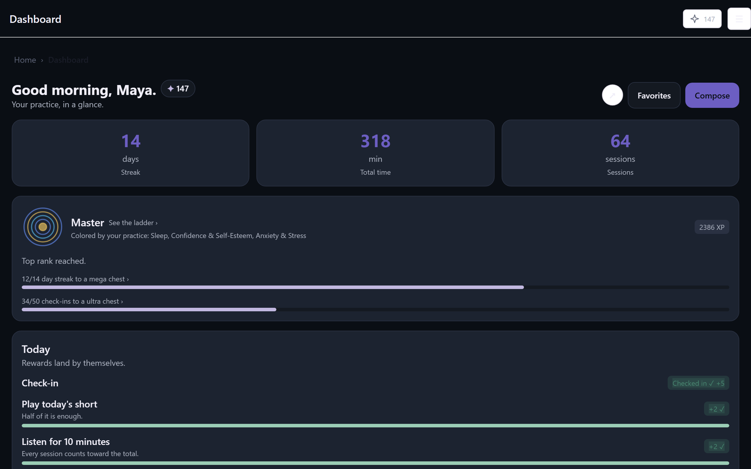 HypnoApp practice dashboard in a web browser, with streak, aura, and practice calendar