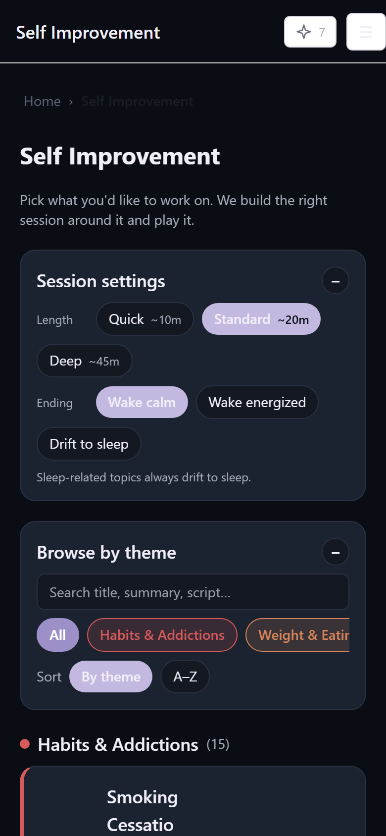 Self Improvement topics with session settings
