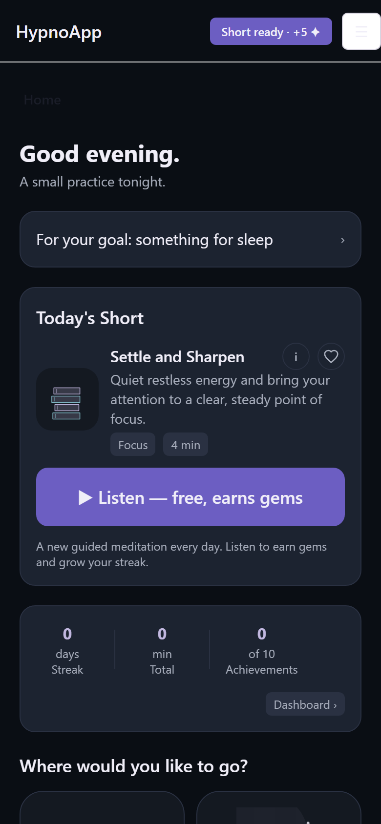 HypnoApp home screen on a phone