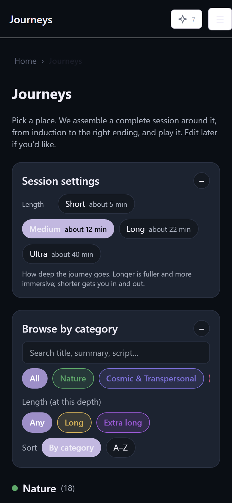 Journeys browse screen with session lengths and categories