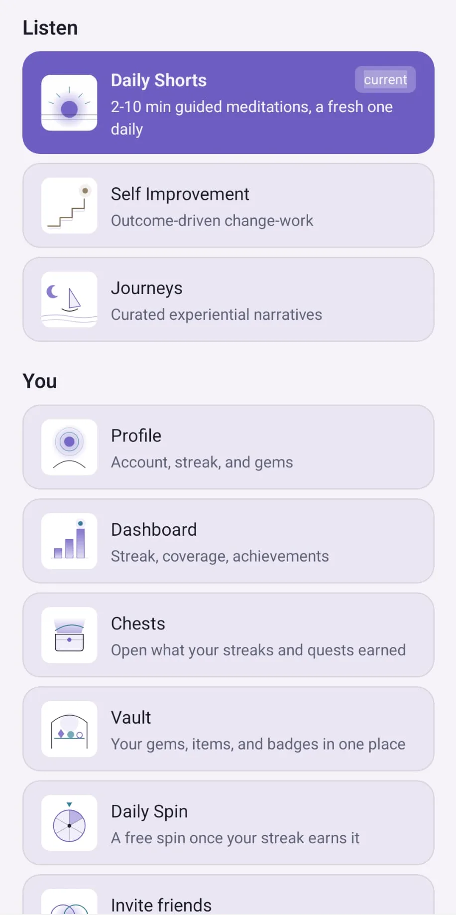 The Daily Shorts screen in the intropi app, showing short sessions for different times of day