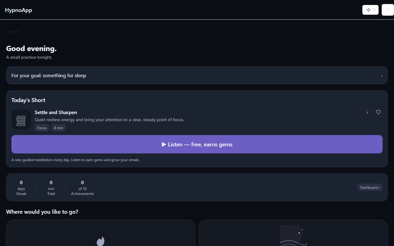 HypnoApp home screen in a web browser