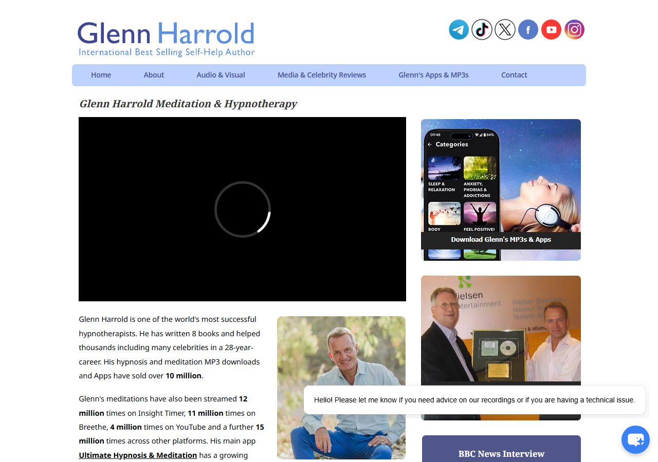 Glenn Harrold homepage with a hypnotherapy video, app categories, and creator photographs