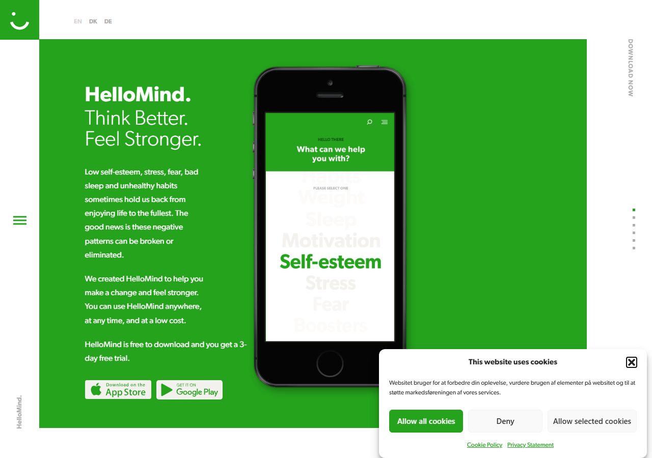 HelloMind homepage with a green app screen asking what the user wants help with