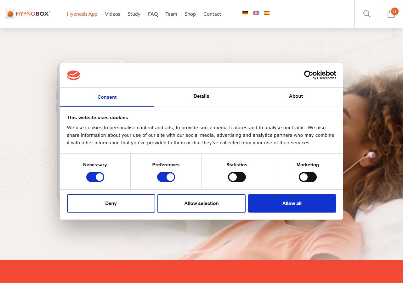 HypnoBox homepage with navigation for the hypnosis app and a cookie settings panel over a listener image