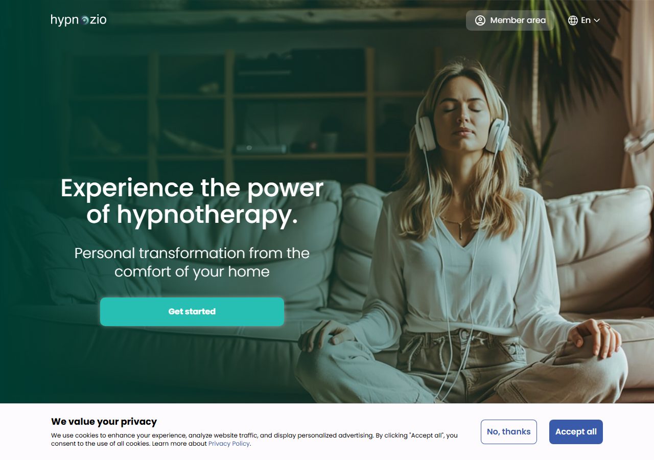 Hypnozio homepage with a listener on a sofa and a button to begin hypnotherapy at home