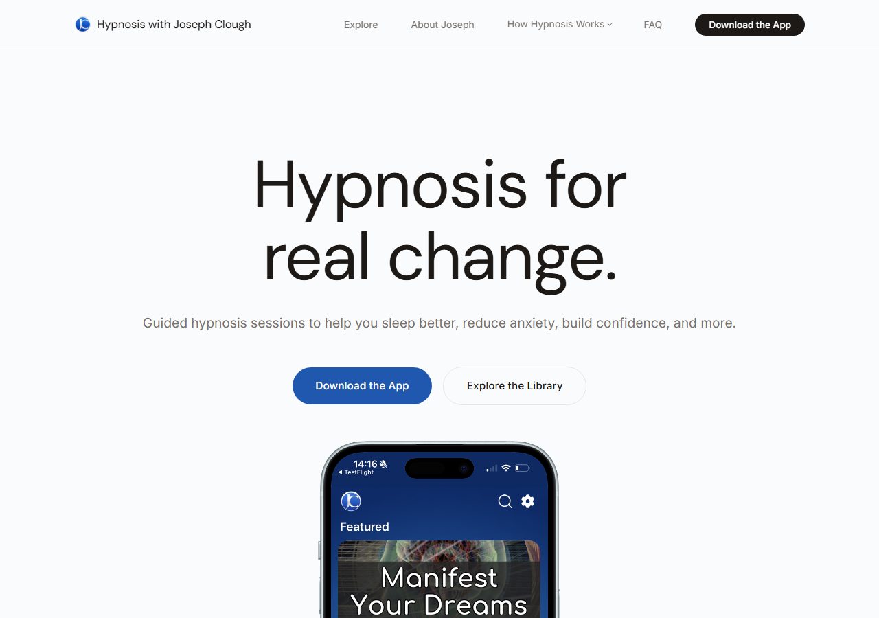 Hypnosis with Joseph Clough homepage showing a real-change headline and the app's featured session