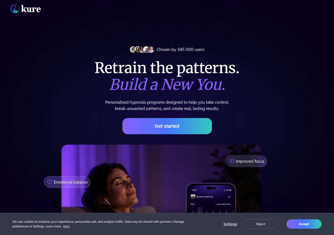 KURE homepage with a personalised hypnosis message, a start button, and focus and balance labels