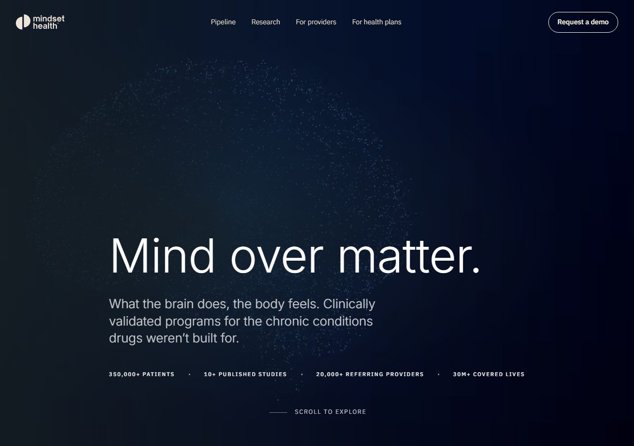 Mindset Health homepage with Mind over matter text on a dark blue background and a request-a-demo button