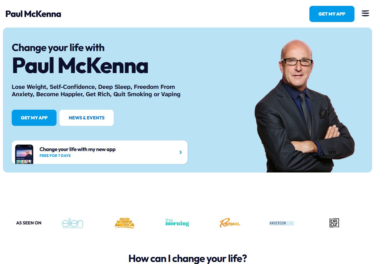 Paul McKenna homepage with his portrait, a list of self-improvement goals, and Get My App buttons
