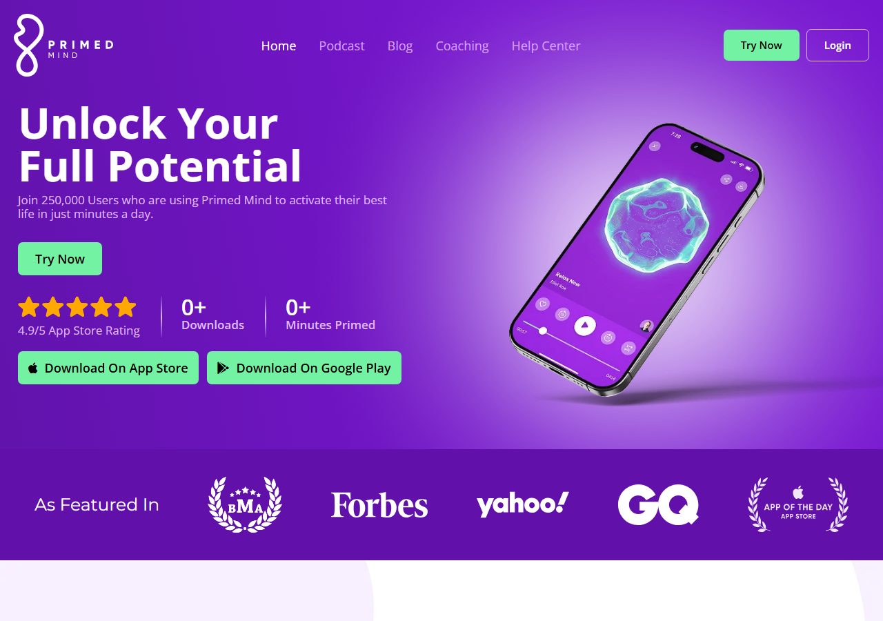Primed Mind homepage with a purple phone mockup, Unlock Your Full Potential text, and app-store buttons