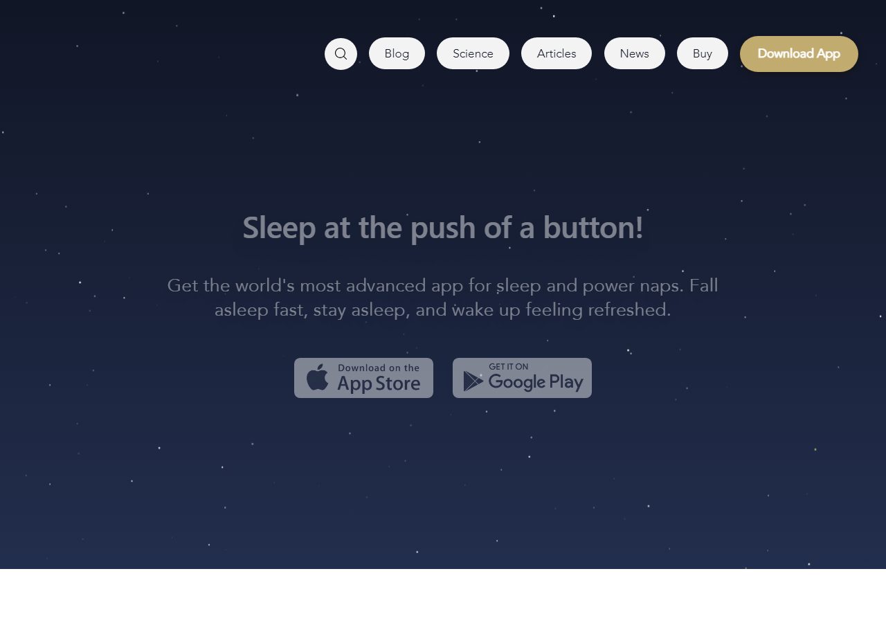 Pzizz homepage on a starry background with Sleep at the push of a button text and two app-store buttons