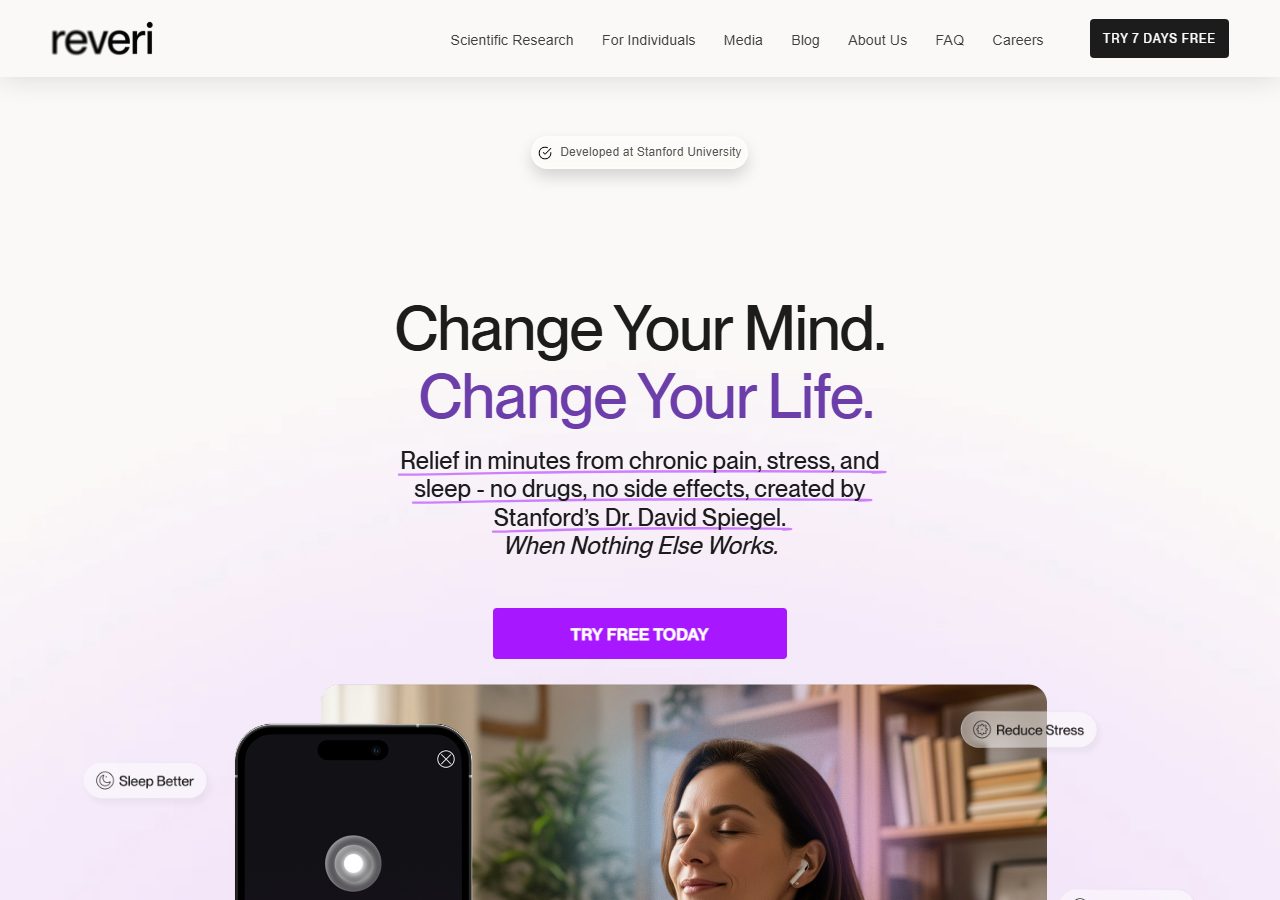 Reveri homepage with Change Your Mind, Change Your Life text, a free-trial button, and a phone beside a listener