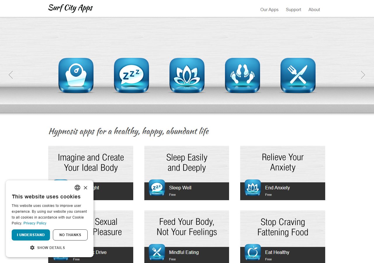 Surf City Apps homepage showing separate blue app icons and topic cards for sleep, anxiety, and eating